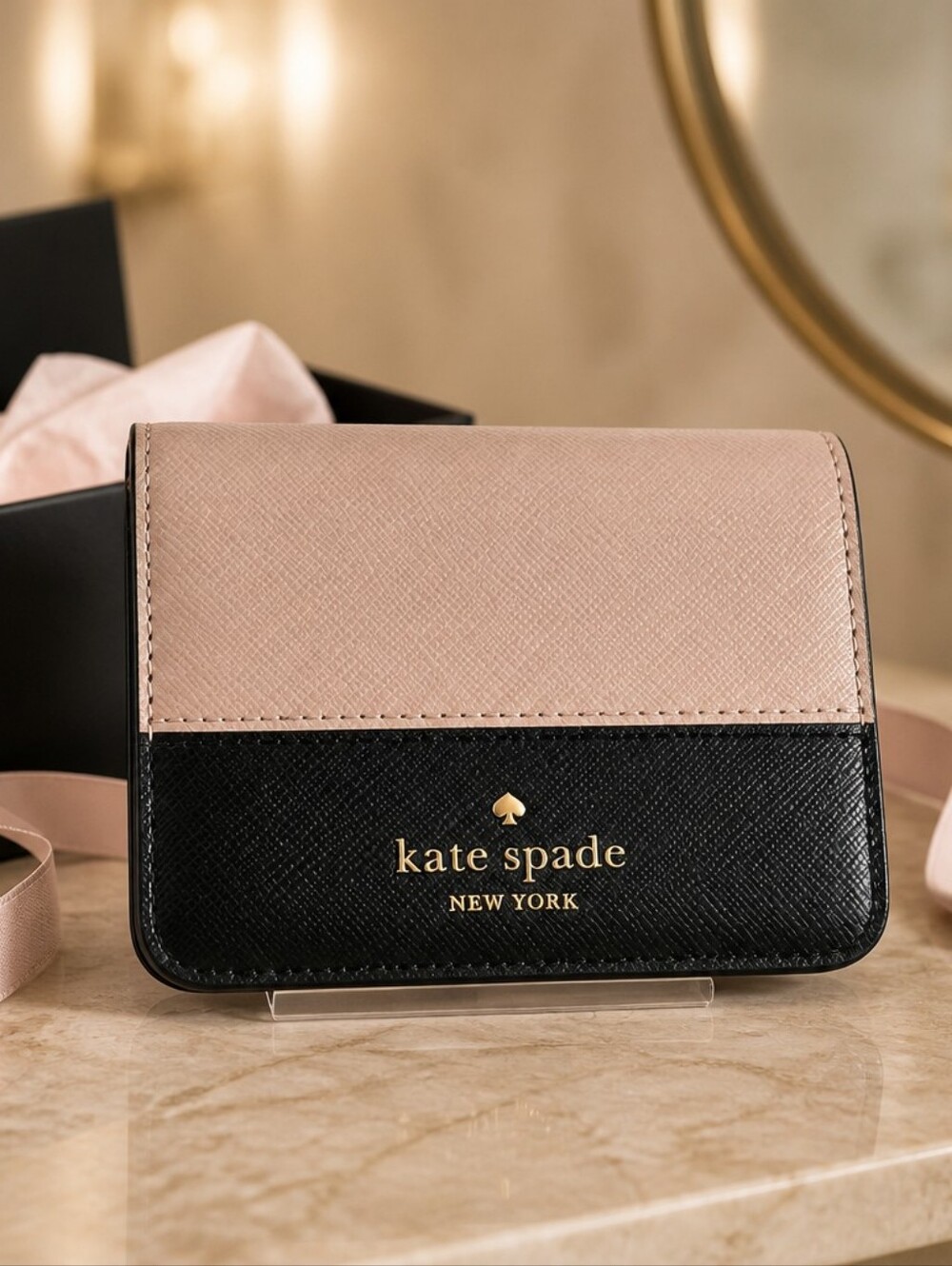 Kate Spade Two-Tone Blush Pink and Black Compact Crossbody Wallet NWT
